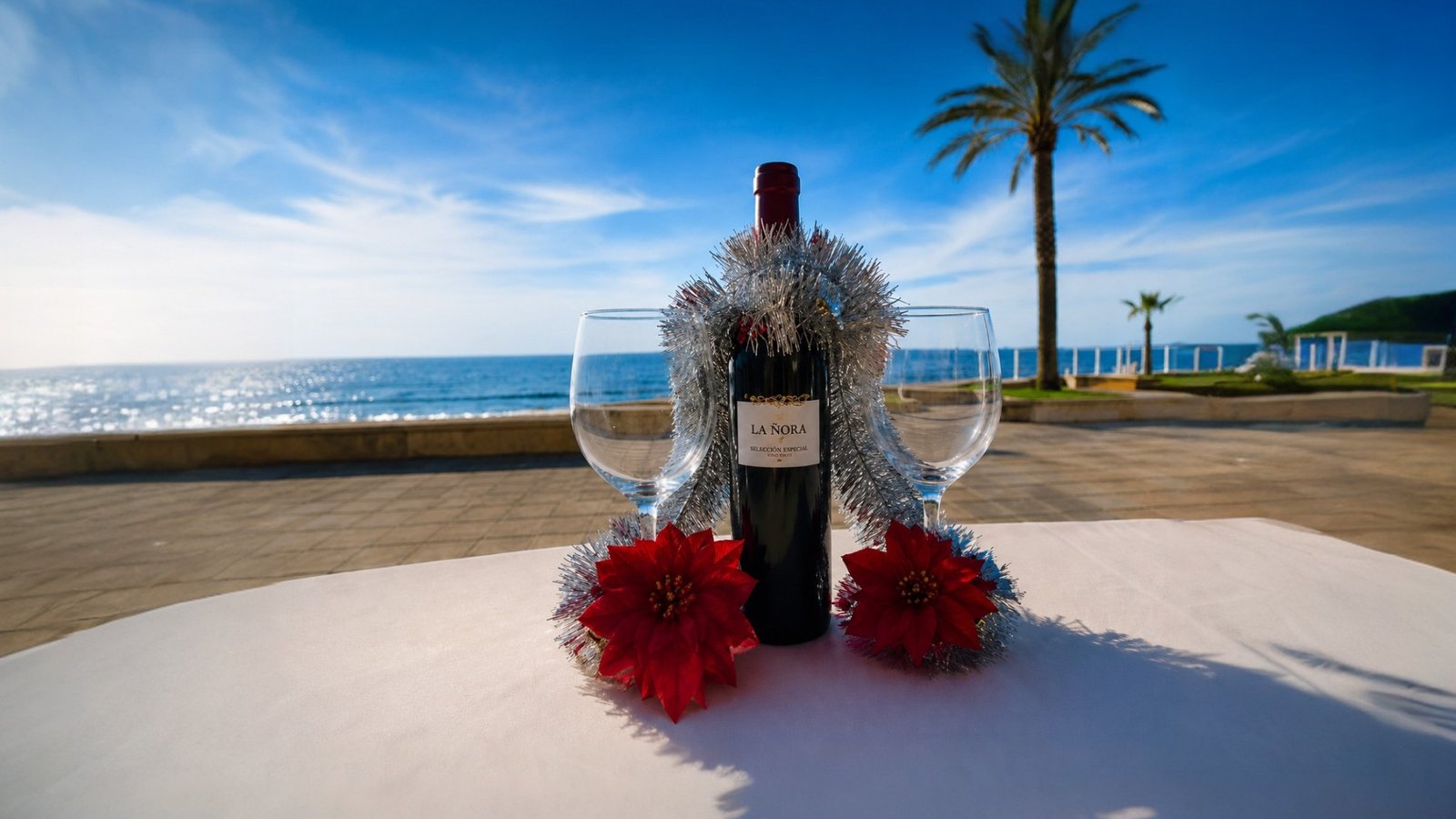 Botella de vino y copas de La Ñora frente al Mediterráneo